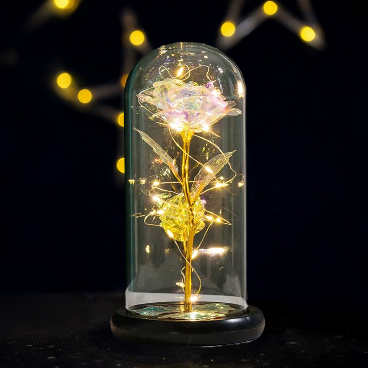 Gold Foil Rose in Glass Dome with LED Lights (4.4"×8.7")