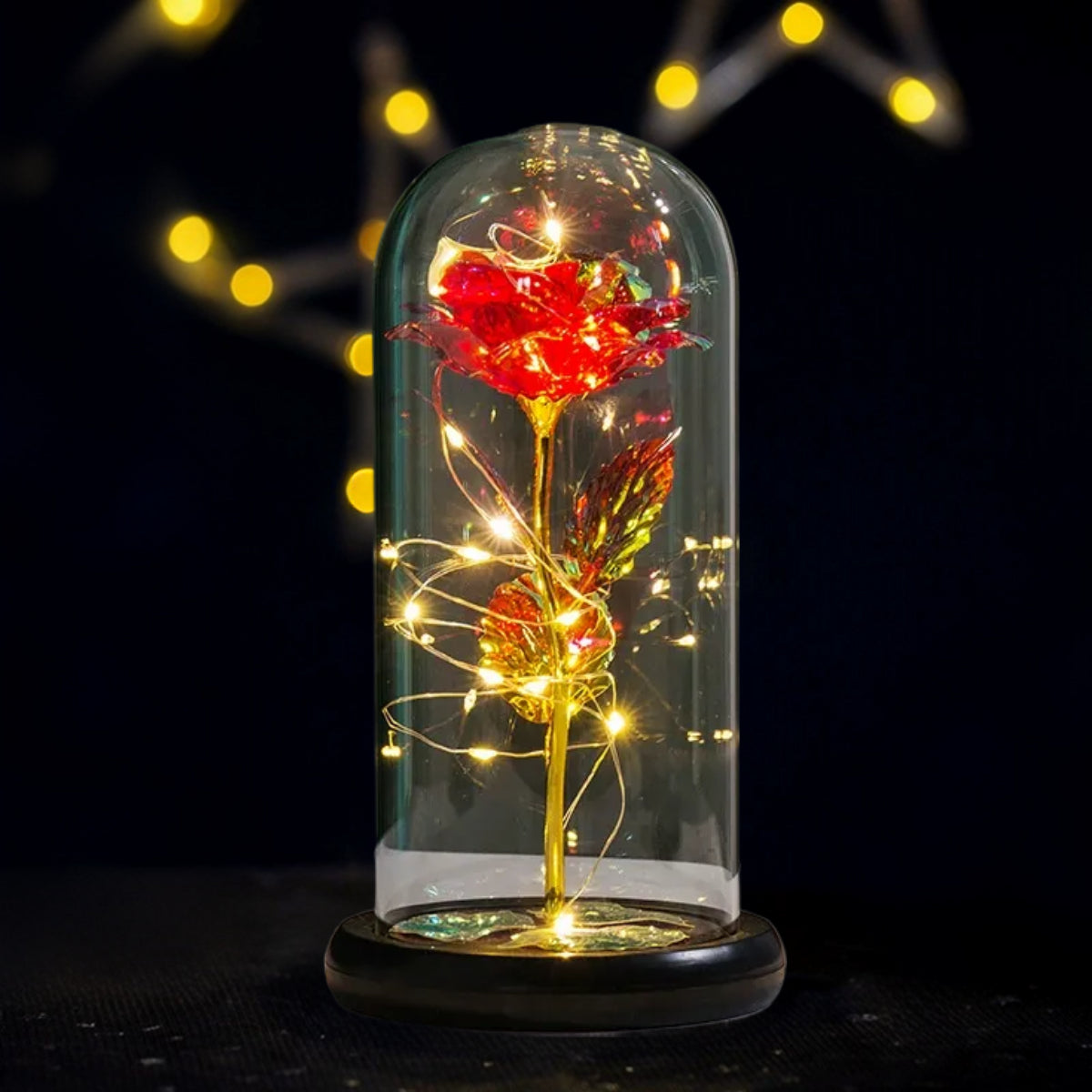 Gold Foil Rose in Glass Dome with LED Lights (4.4"×8.7")