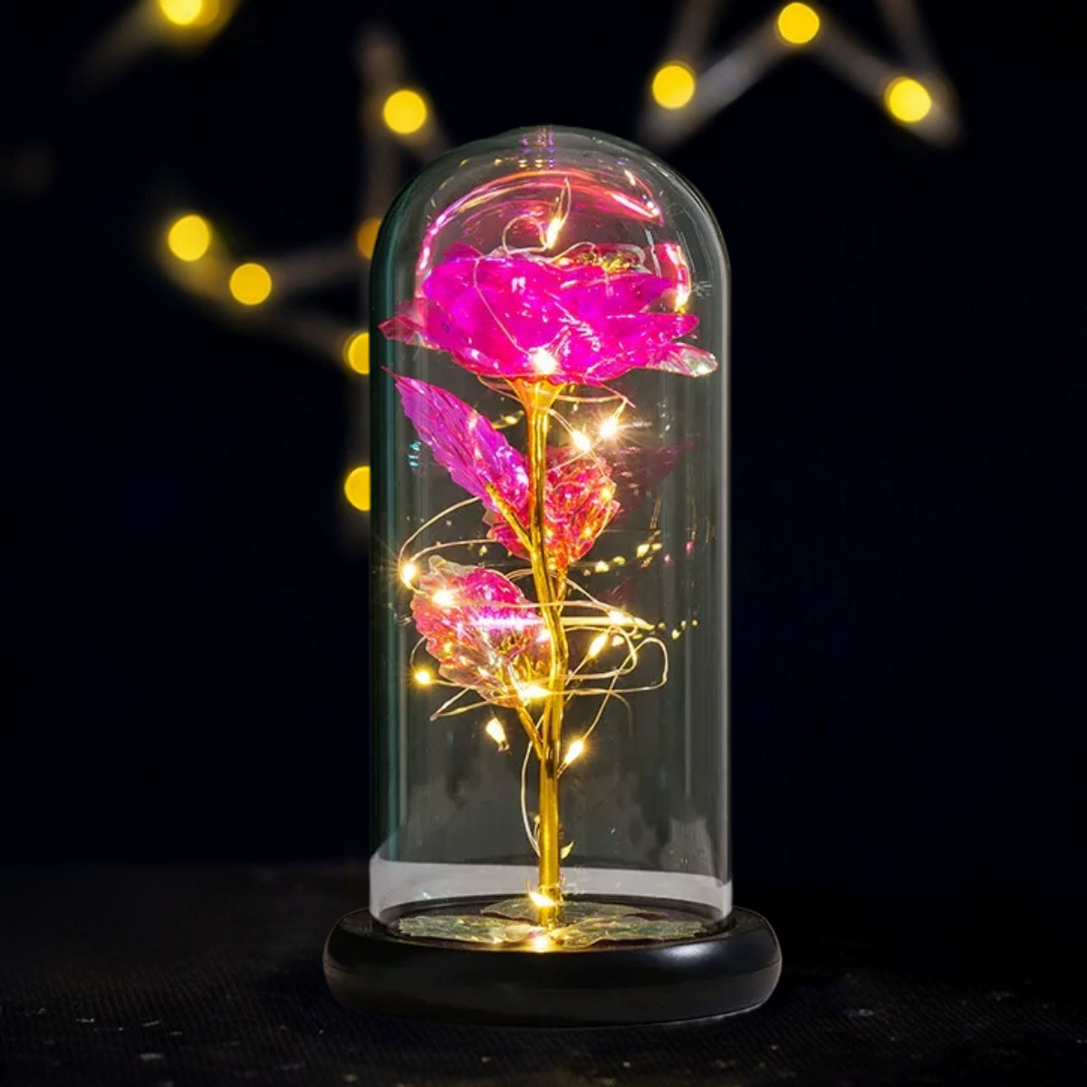 Gold Foil Rose in Glass Dome with LED Lights (4.4"×8.7")