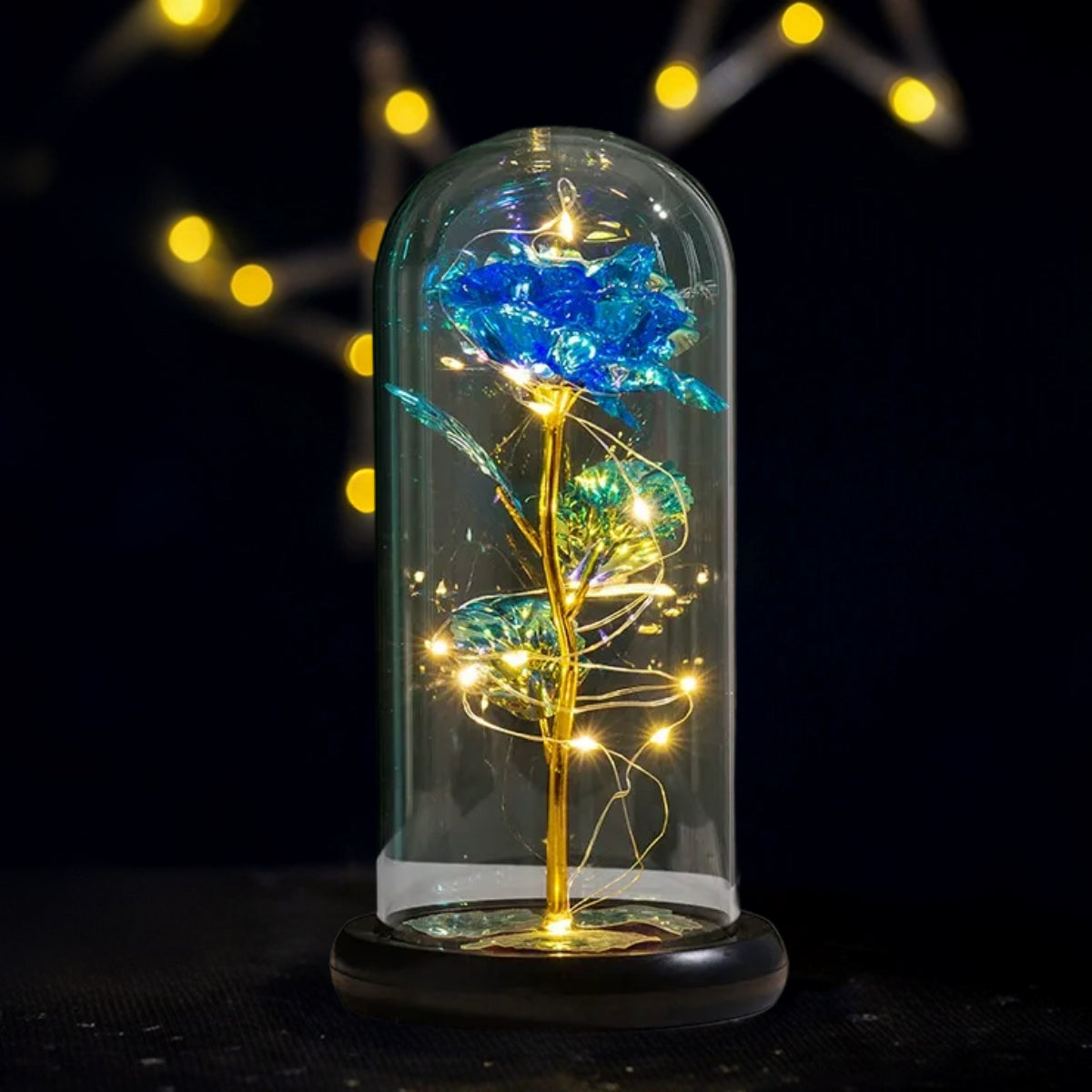 Gold Foil Rose in Glass Dome with LED Lights (4.4"×8.7")